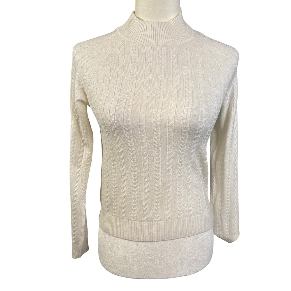 Hooked Up Women Cream White Cable Knit Mock Neck Raglan Sweater Size M - Picture 2 of 8